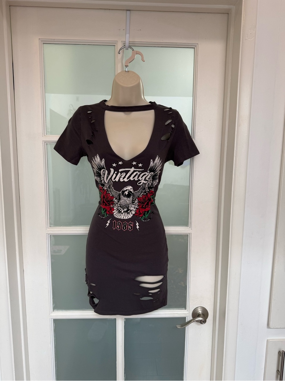 Graphic Distressed Black Mini Dress with Cutouts